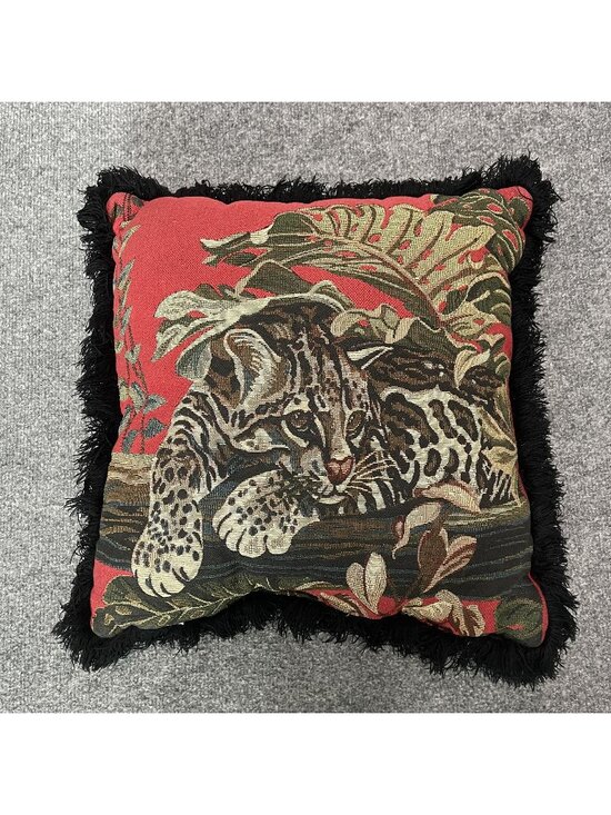 None Other - Vintage Leopard Tapestry Fringe Trim Double Sided Throw Pillow
